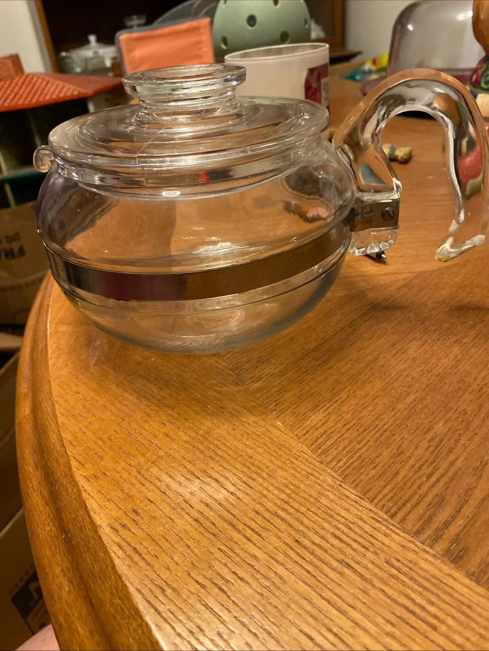 Clear Glass Teapot with Silver Band - Classic Home Kitchen. Vintage.